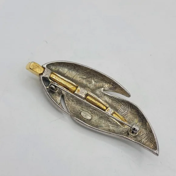 Givenchy Two Tone Leaf Brooch Silver Gold Sculptural Signed Vintage - Picture 3 of 9